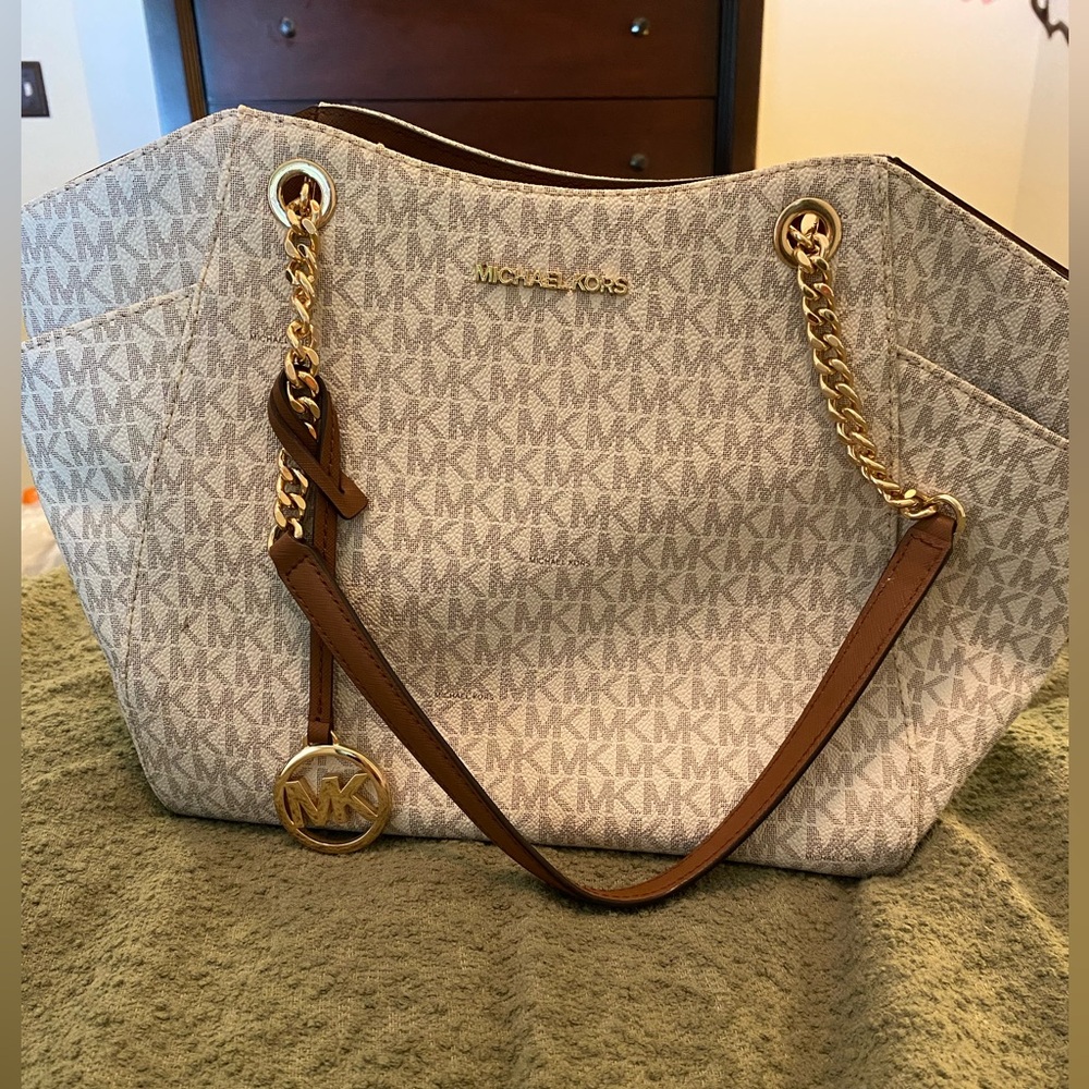 Michael Kors Cream MK Signature Tote with Brown Leather Straps